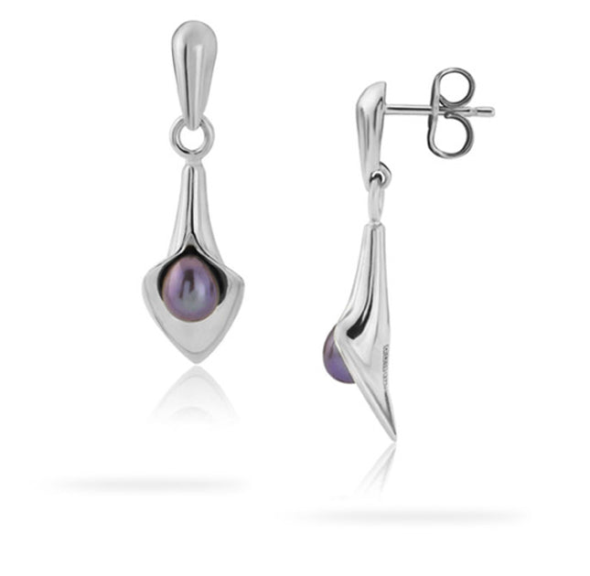 Amanda Cox Silver small black pearl short calla lily drops Earrings Amanda Cox
