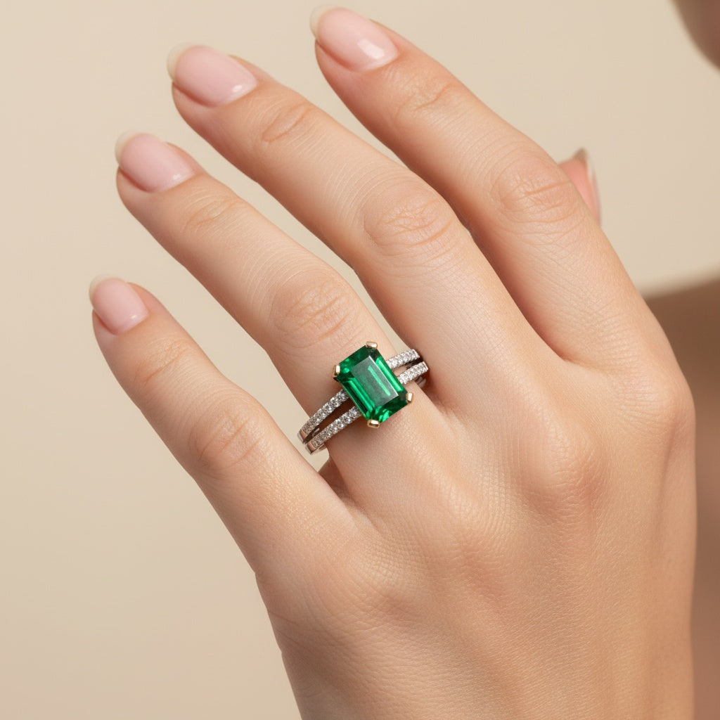 18ct White gold emerald and diamond ring with split shoulders Ring Rock Lobster