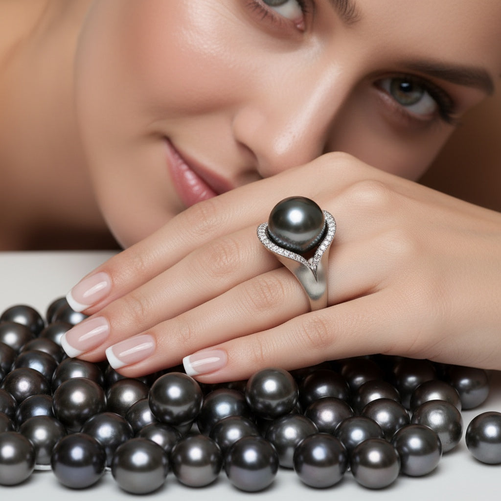 18ct white gold Tahitian pearl diamond elliptical ring