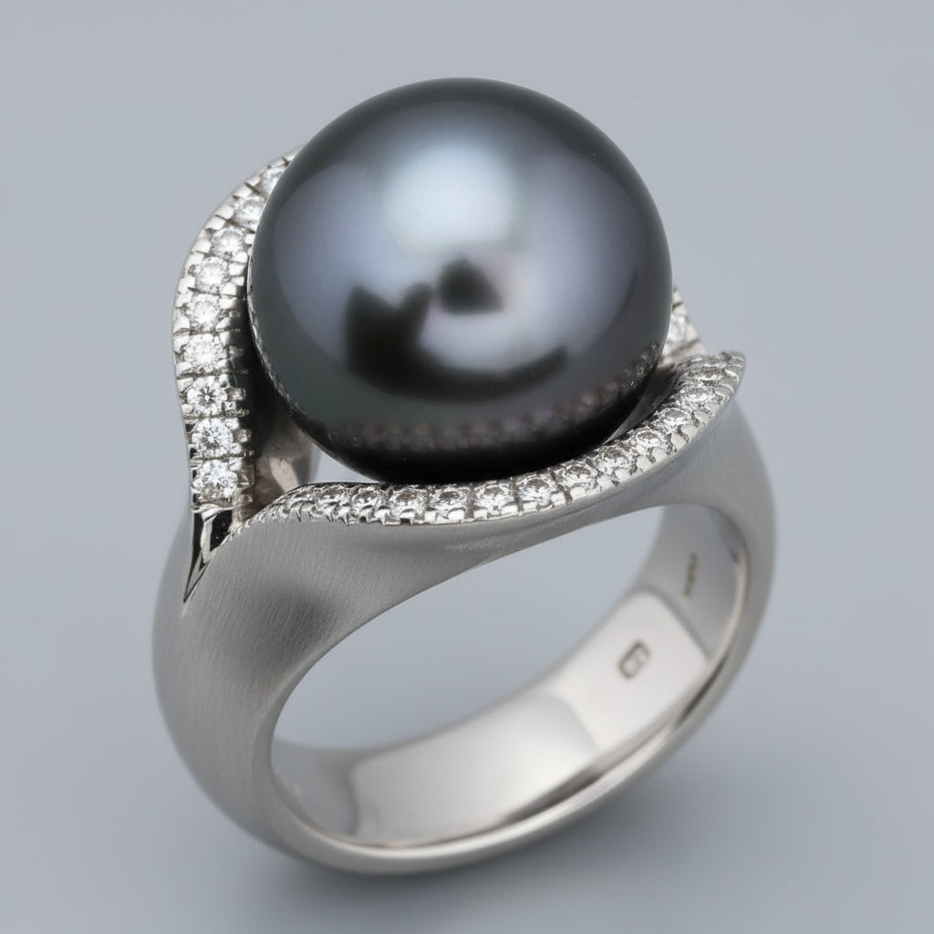 18ct white gold Tahitian pearl diamond elliptical ring