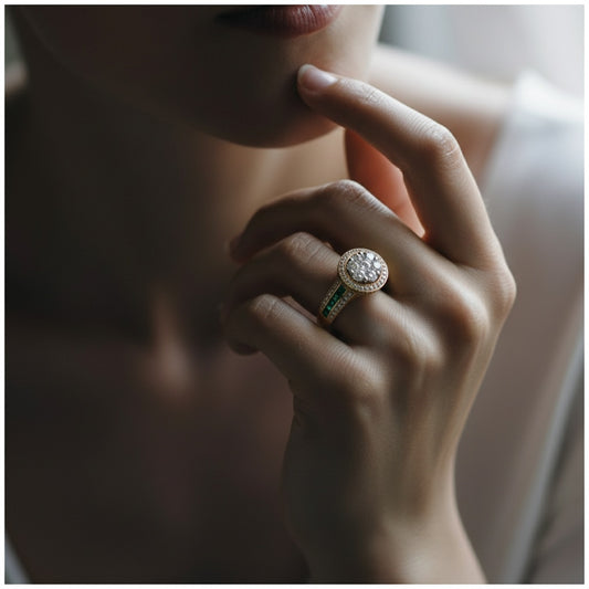 18ct yellow Gold Diamond & Emerald halo ring Ring Buchwald