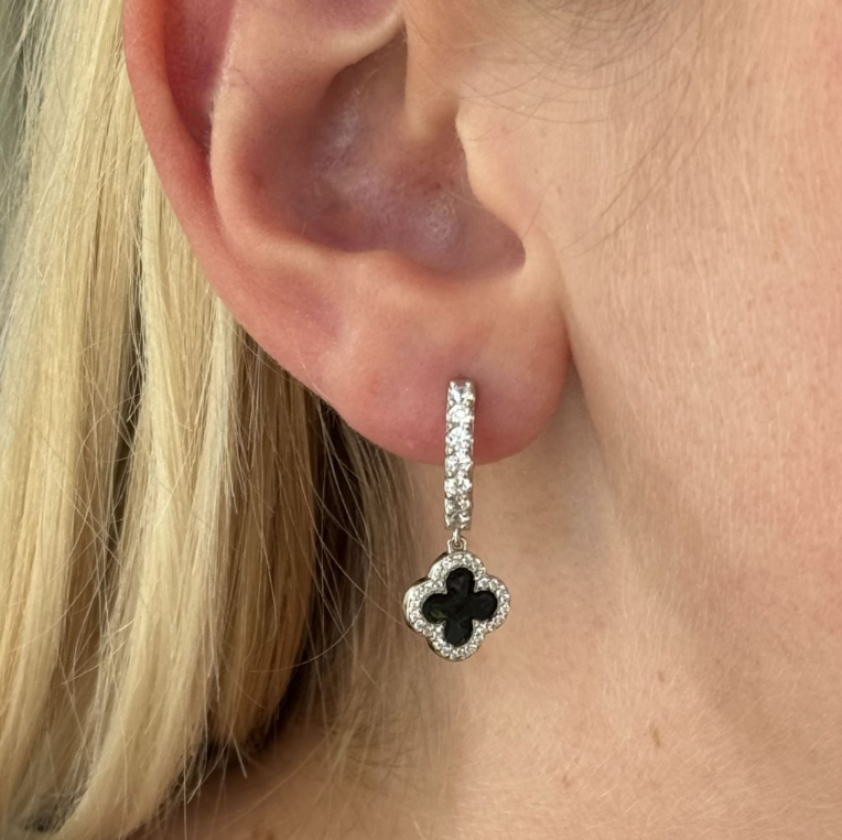 Black Enamel Vintage Lucky Clover Huggie Earrings in Silver