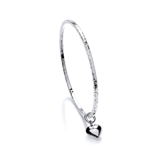 Sterling Silver Diddy Heart Charm Beaten Bangle Bangle Cavendish French