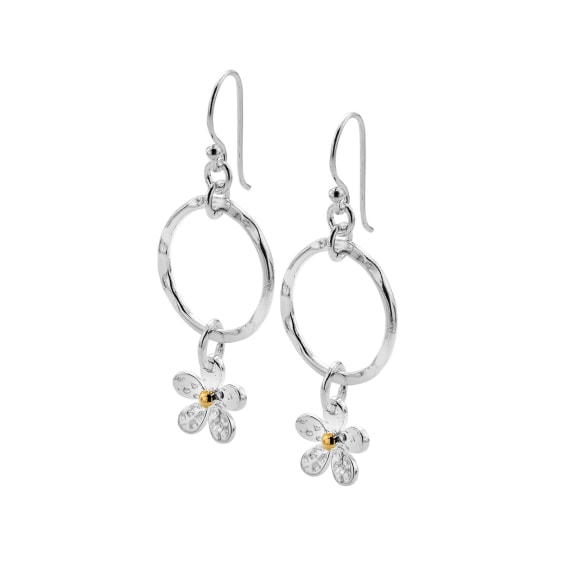 Handcrafted Silver subtle two-tone daisy motif drop earrings Earrings Sea Gems Ltd