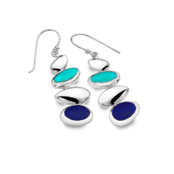 Organic Turquoise and Lapis stacking pebble shaped drop earrings Earrings Sea Gems Ltd
