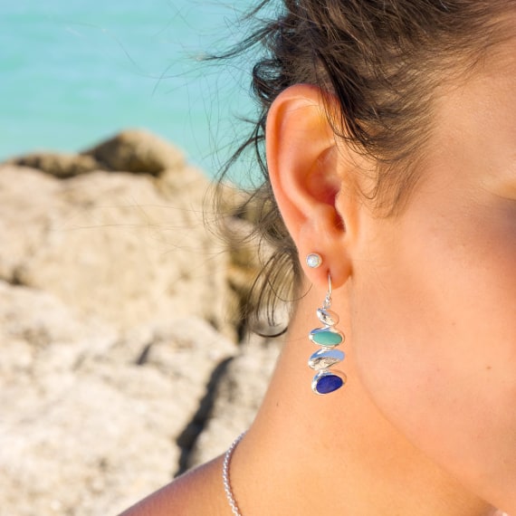 Organic Turquoise and Lapis stacking pebble shaped drop earrings Earrings Sea Gems Ltd