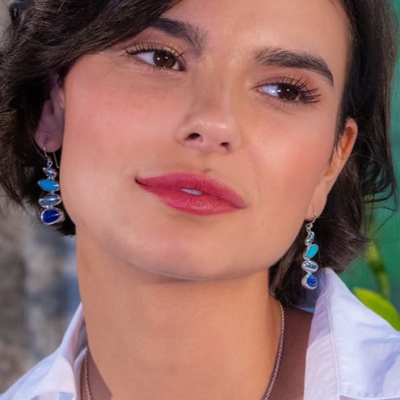 Organic Turquoise and Lapis stacking pebble shaped drop earrings Earrings Sea Gems Ltd