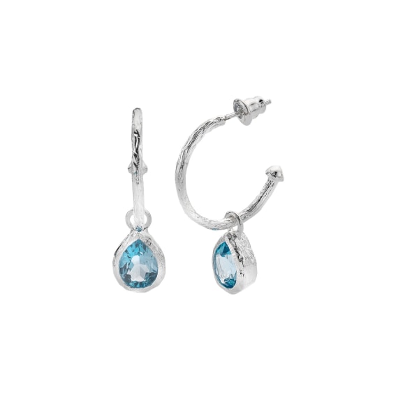 Organic silver vibrant ocean-blue Topaz teardrop hoop earrings Earrings Sea Gems Ltd
