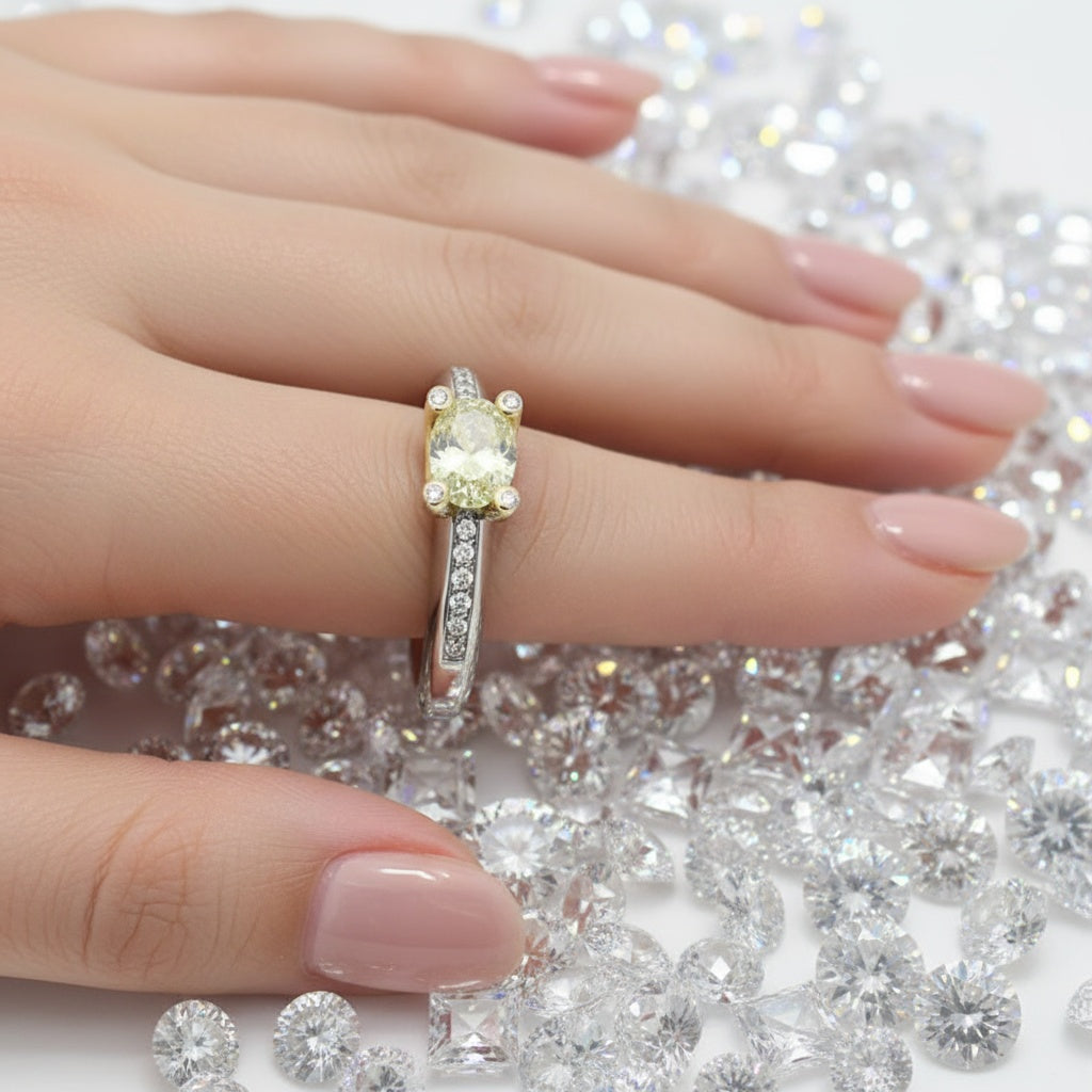 Platinum/Gold Oval yellow 0.65ct Natural Diamond ring. Ring Krieger Fine Jewellery