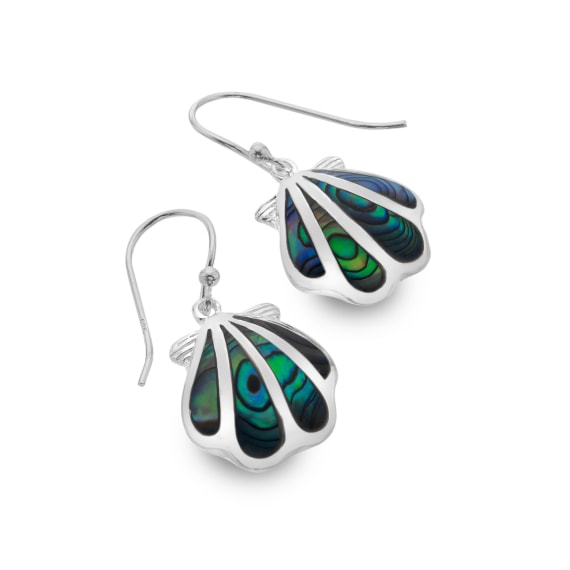 Silver Scallop drop earrings with paua shell inlay Earrings Sea Gems Ltd