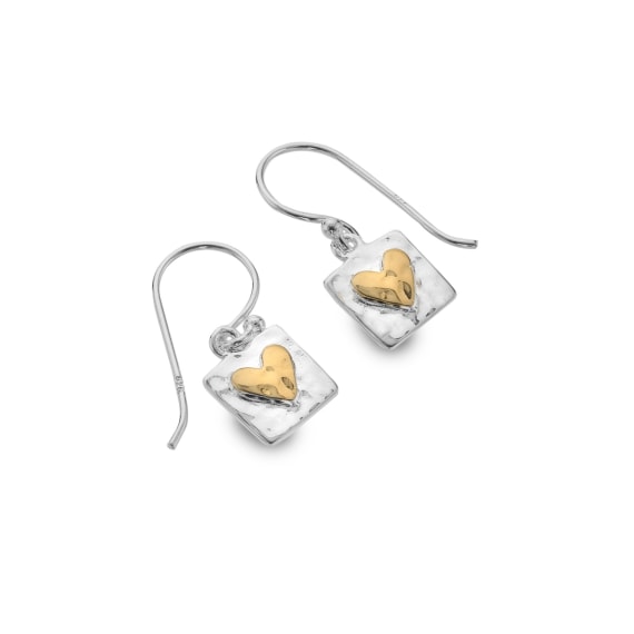 Silver and gold square textured heart drop earrings Earrings Sea Gems Ltd