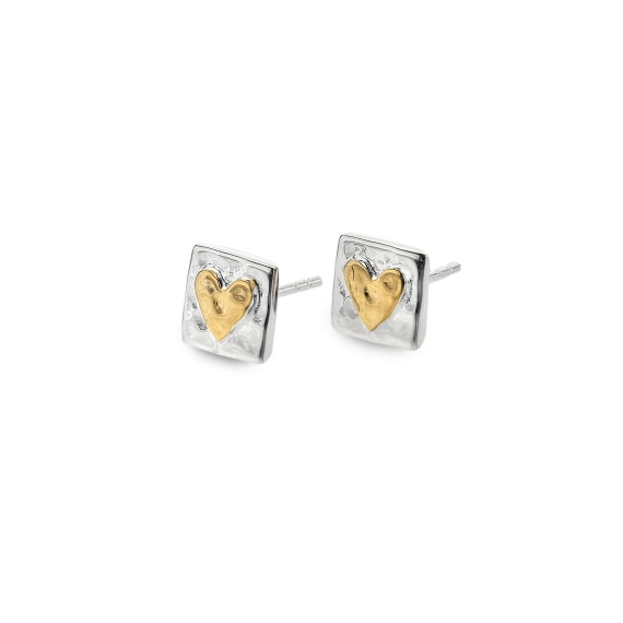 Silver and gold square textured heart stud earrings Earrings Sea Gems Ltd