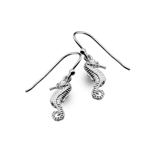 Silver fine detailed and textured Seahorse drop earrings Earrings Sea Gems Ltd