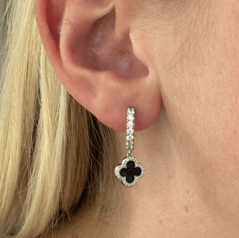 Black Enamel Vintage Lucky Clover Huggie Earrings in Silver Earrings Cavendish French