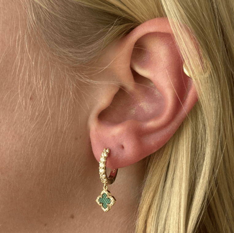 Green Malachite Lucky Clover Huggie Earrings in Gold Plate Earrings Cavendish French
