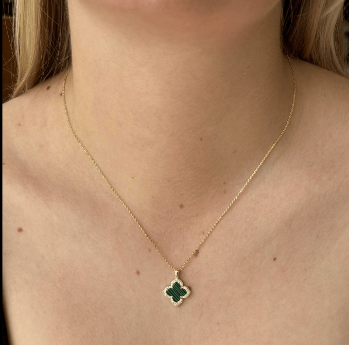 Green Malachite Vintage Lucky Clover Necklace in Gold Necklace Cavendish French