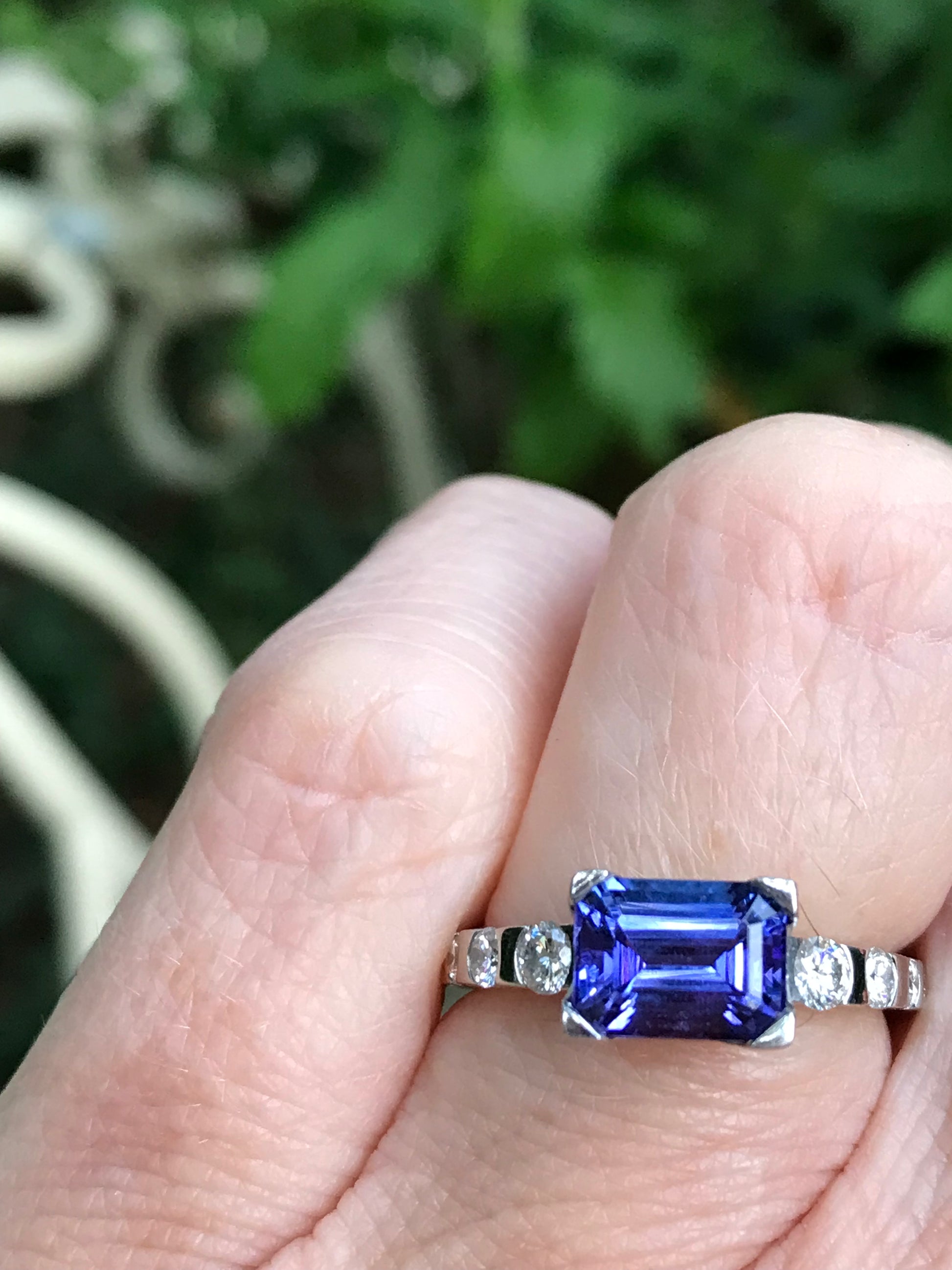 Platinum and tanzanite ring with diamond shoulders Ring Christopher Wharton