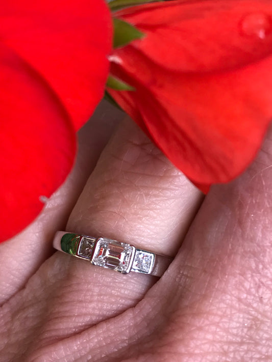 Platinum Trilogy emerald cut 0.59ct natural diamond ring FVVS Ring Christopher Wharton
