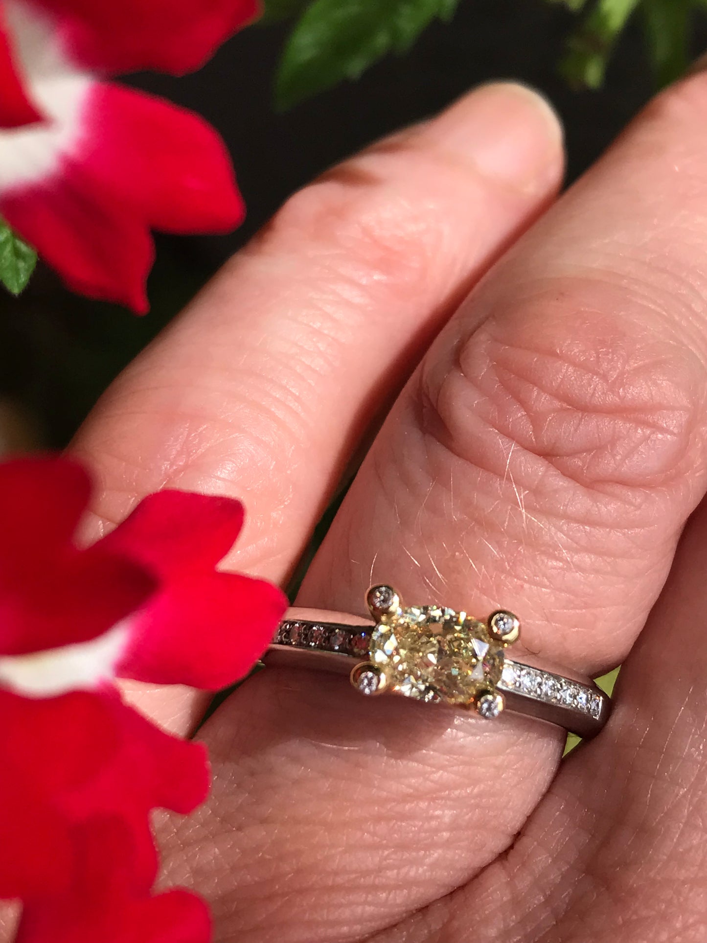 Platinum/Gold Oval yellow 0.65ct Natural Diamond ring. Ring Krieger Fine Jewellery