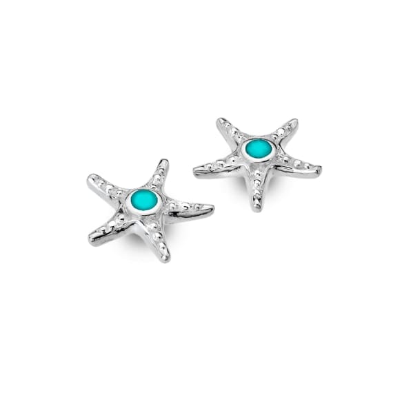 Silver and Turquoise Textured starfish stud earrings Earrings Sea Gems Ltd