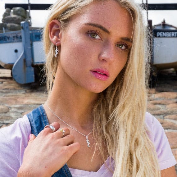 Silver fine detailed and textured Seahorse drop earrings Earrings Sea Gems Ltd