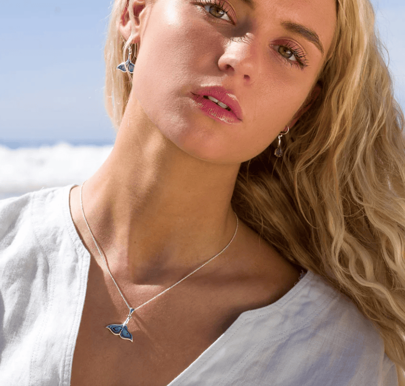 Silver organic pebble whale tail pendant with genuine Paua Shell Necklaces Sea Gems Ltd