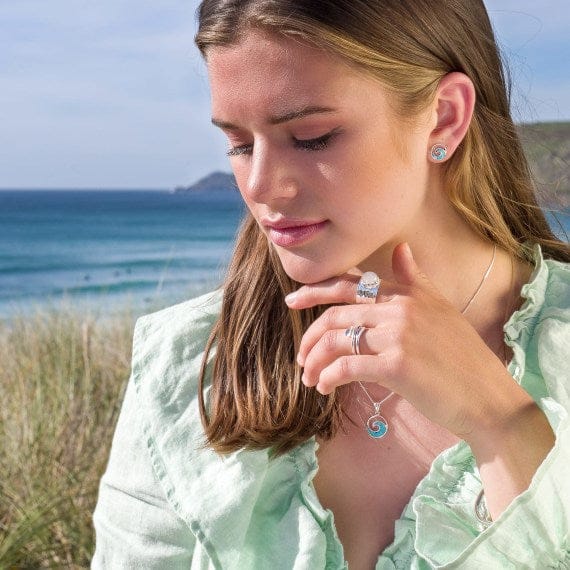 Silver wave pendant withy vibrant Turquoise inlay Necklaces Sea Gems Ltd