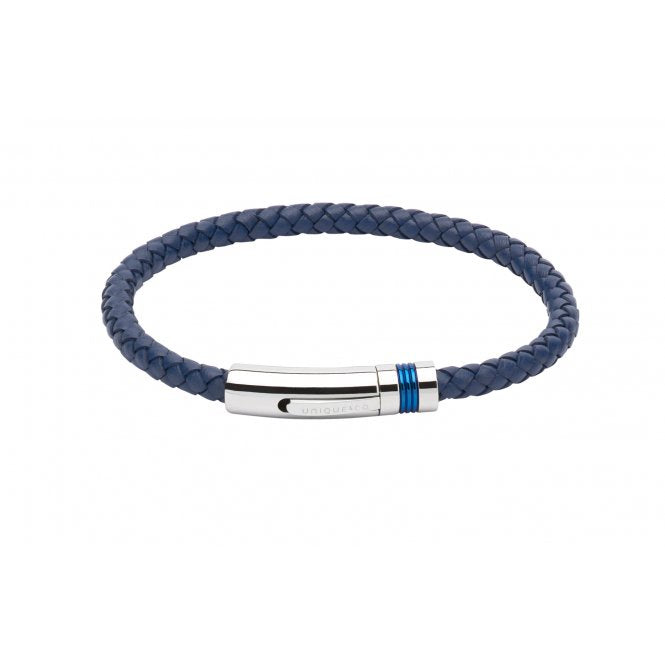 Blue leather plaited bracelet with steel and blue clasp Bracelet Unique
