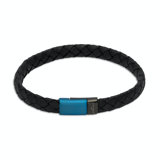 Black domed leather bracelet with blue/black clasp Bracelet Unique   