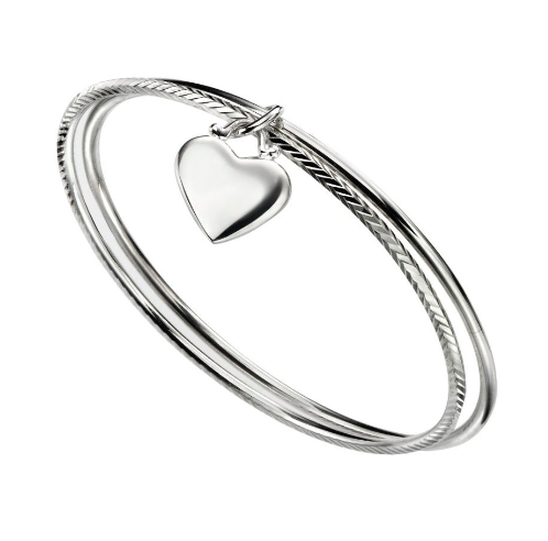 Silver Diamond Cut Double Bangle With Heart Bangle Gecko   