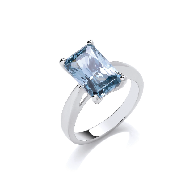 Silver Emerald Cut Aqua Cubic Zirconia Cocktail Ring Ring Cavendish French   