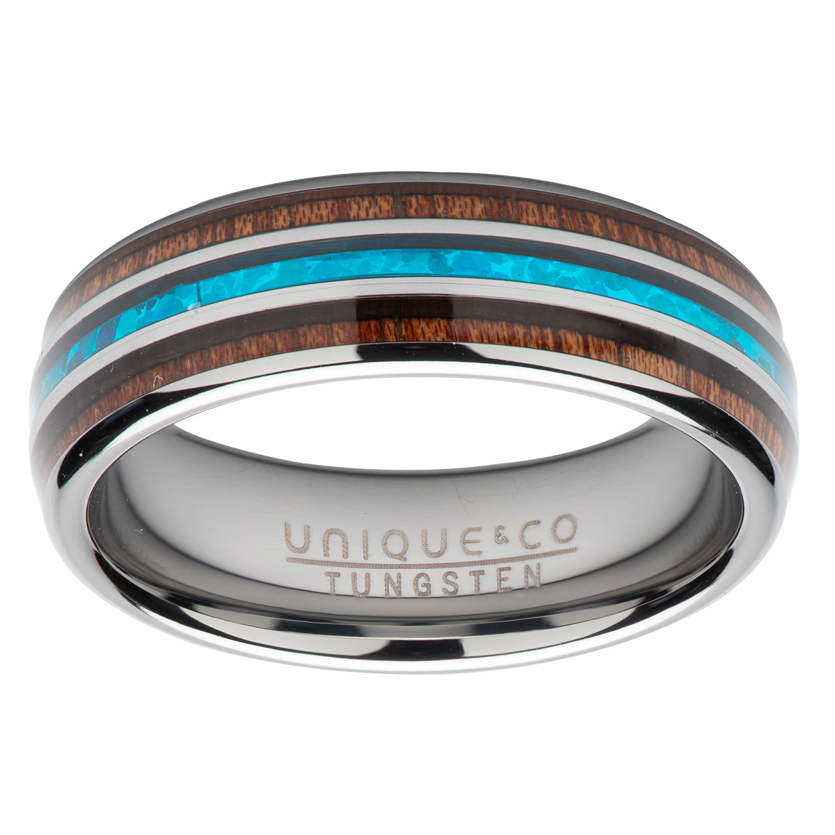 Mens Tungsten Wood & Blue Opal Inlay Ring size U Ring Unique