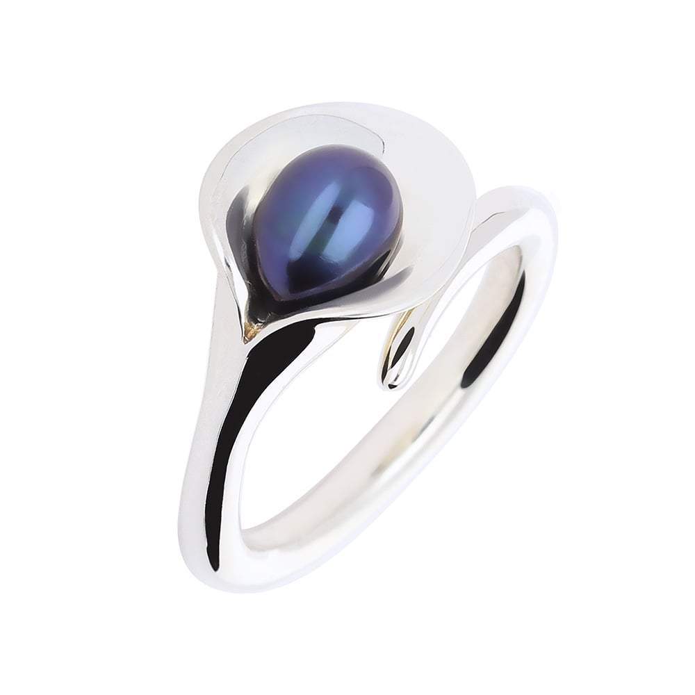 Amanda Cox Silver medium black pearl calla lily ring Ring Amanda Cox   