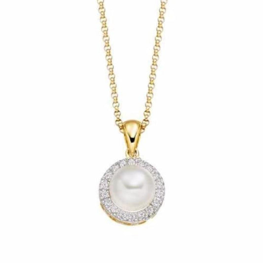 9ct yellow gold pearl and diamond cluster pendant Neckwear Amore