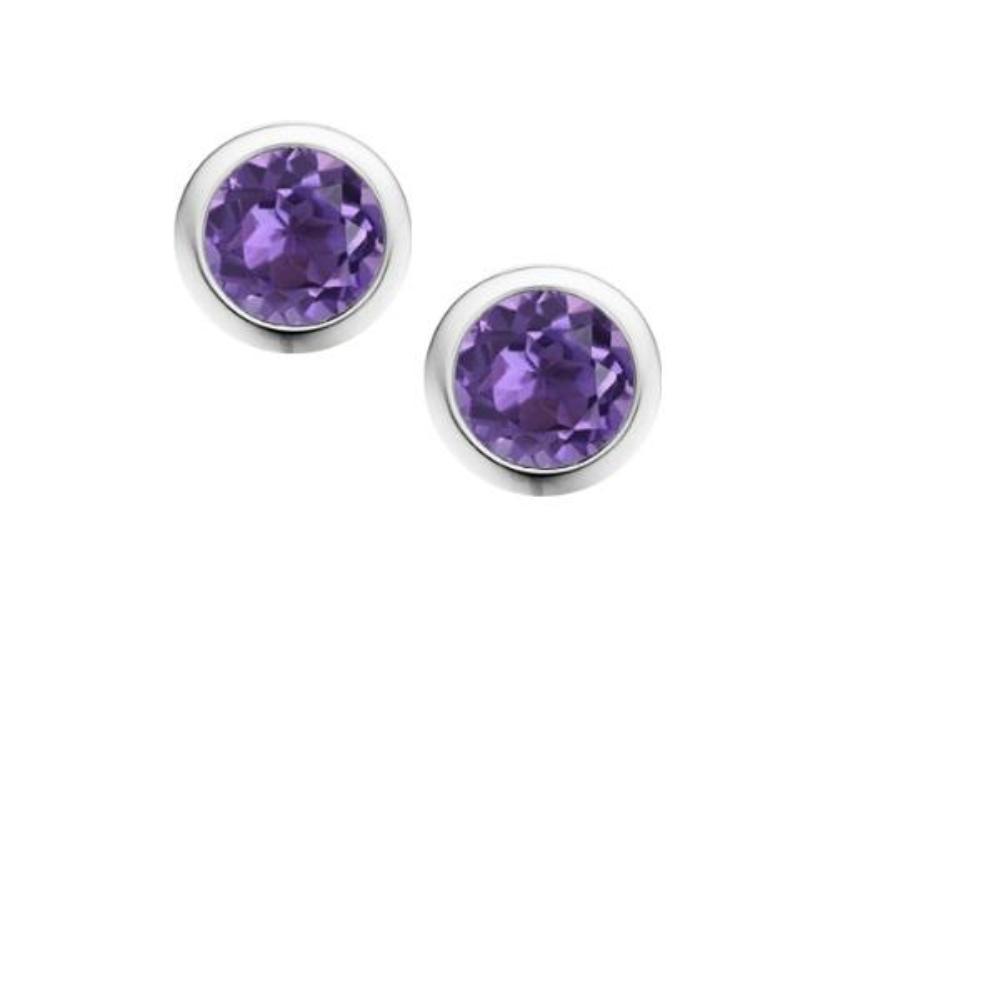 Silver and Amethyst 4mm round stud earrings in rubover setting Earrings Amore