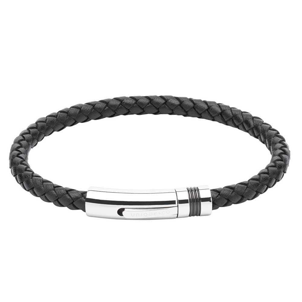 Black leather plaited bracelet with steel and black clasp Bracelet Unique