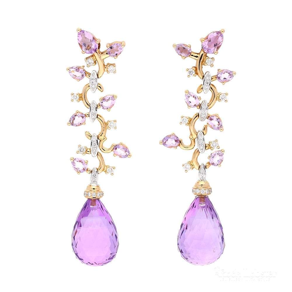 Buchwald 18ct rose gold amethyst briollette and diamond floral drop earrings Earrings Buchwald