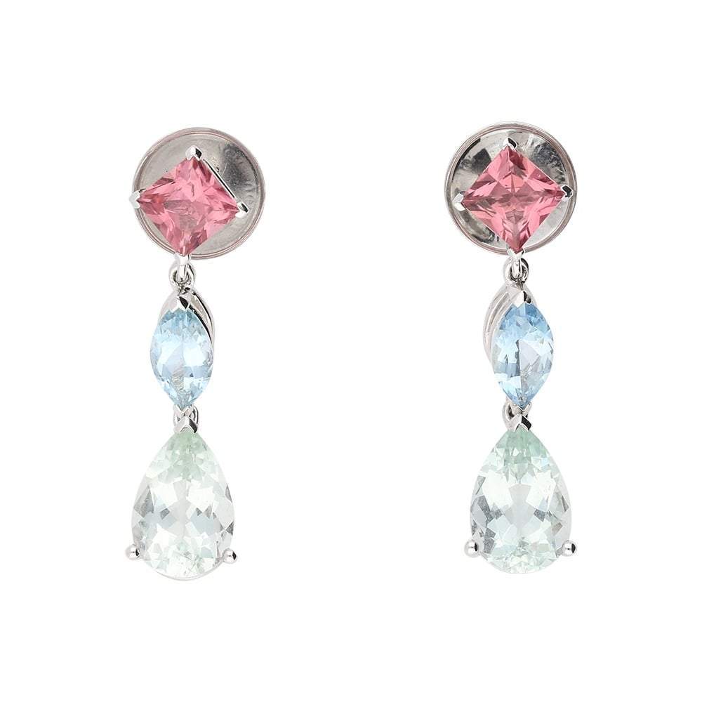18ct White gold green  beryl , pink tourmaline and aqua drop earrings Earrings Buchwald