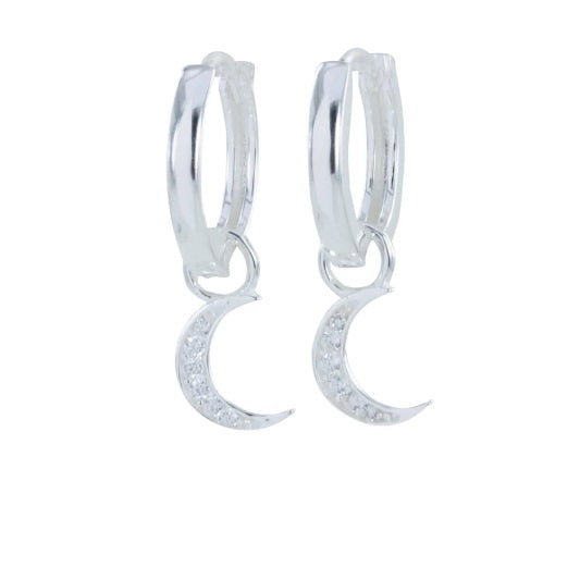 Silver cubic zirconia crescent moon hoop earrings Earrings Reeves & Reeves