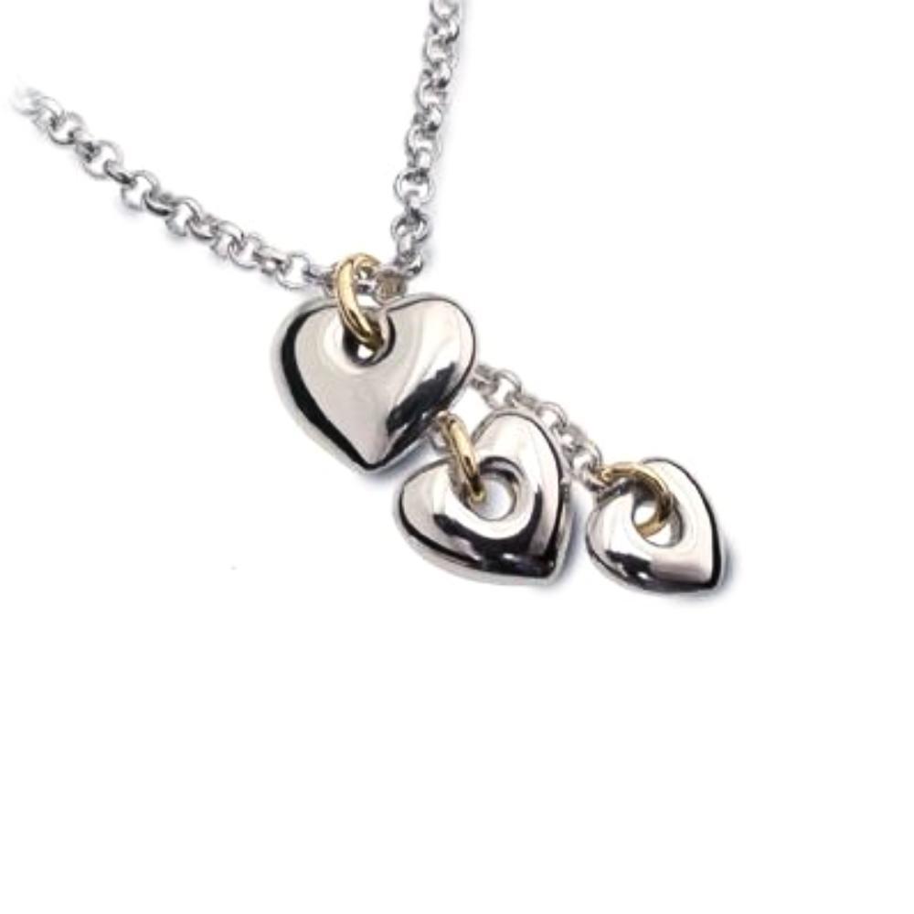 Silver & 9ct gold triple heart cascade pendant Necklace Church House