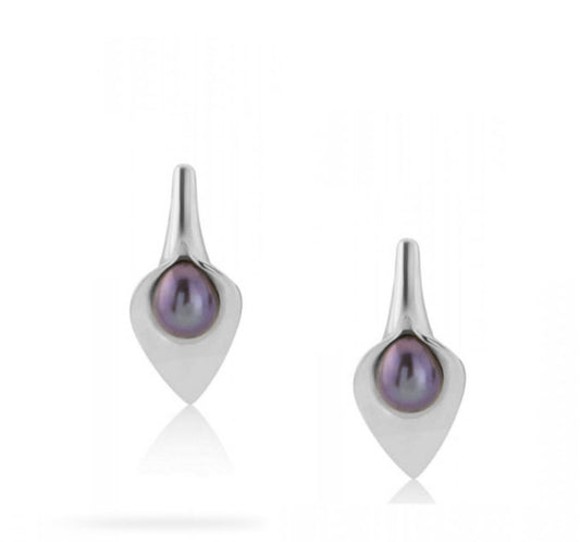 Amanda Cox Silver peacock black pearl calla lily stud earrings Earrings Amanda Cox