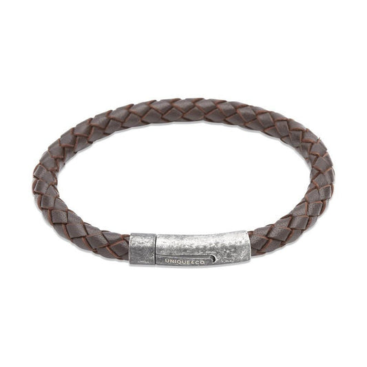 Antique steel and dark brown plaited leather bracelet Bracelet Unique