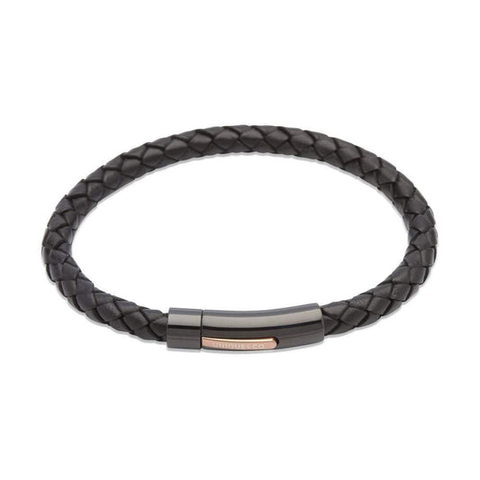 Black steel with rose gold detail leather plaited bracelet Bracelet Unique 19cm