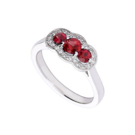 Platinum Ruby and diamond three stone halo ring Ring Rock Lobster