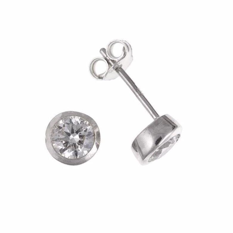 Silver and cubic zirconia 4mm rubover round stud earrings Rock