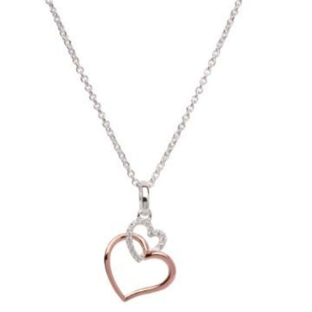 Silver and rose gold wire double heart pendant with cubic zirconia detailing Pendant Unique