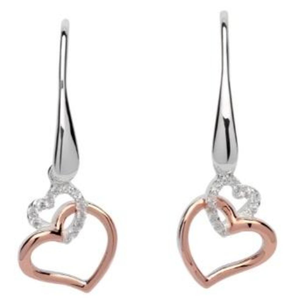 Silver and rose gold wire heart hook earrings with a cubic zirconia adjoining heart Earrings Unique