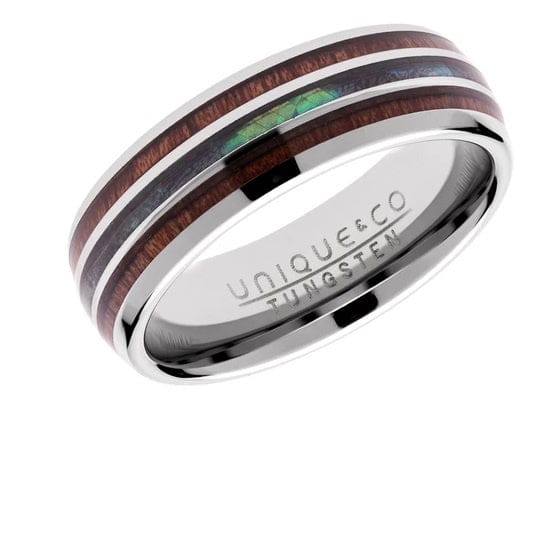 Tungsten carbide ring with wood and shell inlay size W Ring Unique
