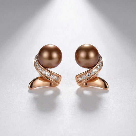 14ct Rose gold & chocolate pearl earrings with a twist of diamonds