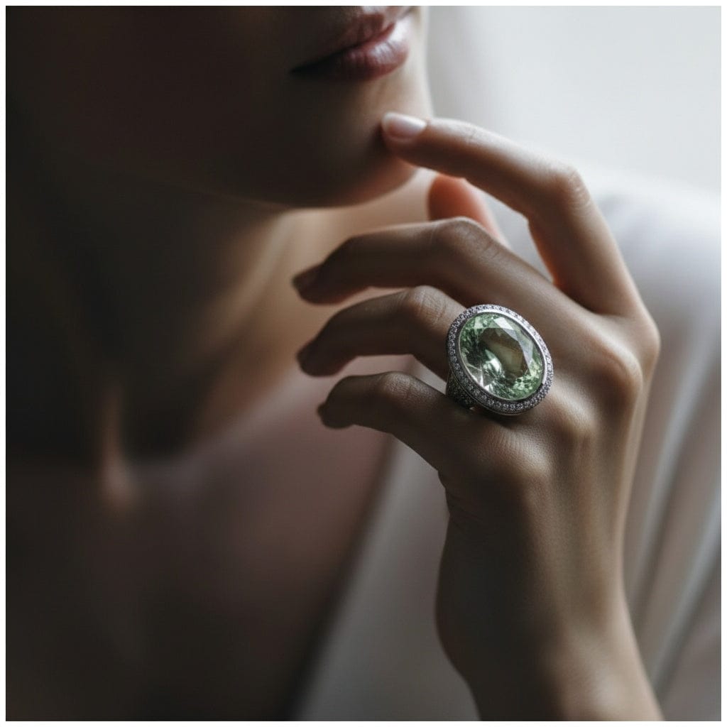 18ct White gold 14.32ct Green Beryl ring surrounded by amethyst and diamonds Ring Buchwald